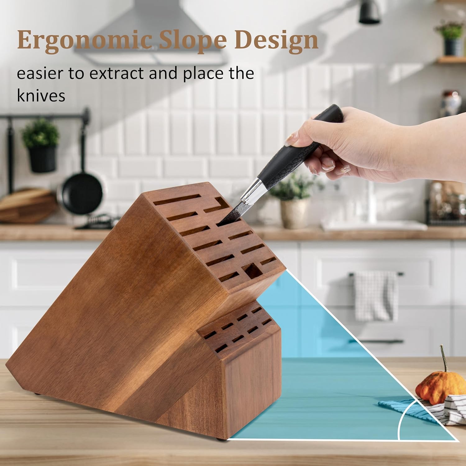 20 Slot Knife Block Storage without Knives,Acacia Wood Universal Knife Holder for Kitchen Countertop,Large Butcher Block Organizer,Easy Kitchen Knife Storage (Brown)