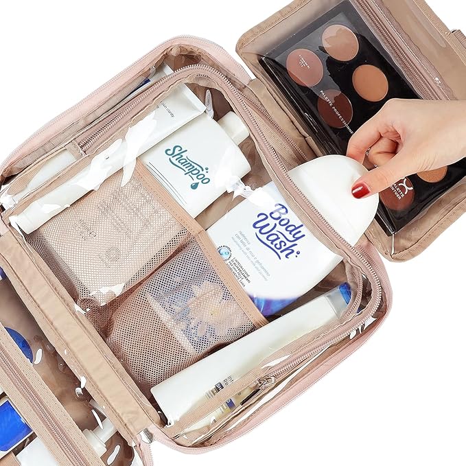 NISHEL Travel Toiletry Bag for Women Large Capacity, Makeup Essentials Organizer, Hanging Case for Accessories, Cosmetics, Pink