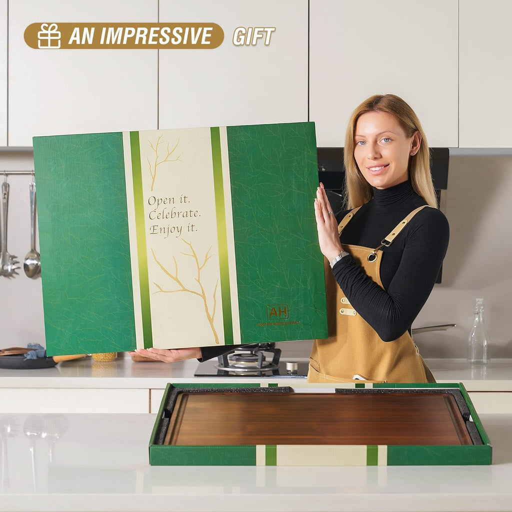 AZRHOM XXL Large Walnut Wood Cutting Board for Kitchen 24x18 (Gift Box) with Juice Groove Handles Non-slip Mats Thick Reversible Butcher Block Chopping Board