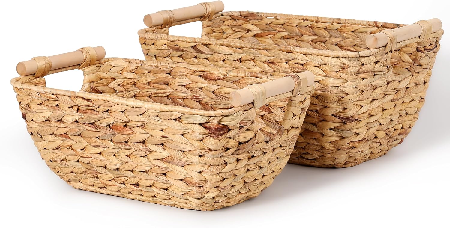 Large Wicker Storage Baskets with Wooden Handles, Woven Water Hyacinth Storage Organizers for Throw Blankets, Bedroom, Living Room, Laundry，2-Pack