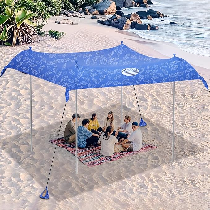 UMARDOO Family Beach Tent Canopy Sun Shade Portable, Large Compact Beach Sun Shelter Easy Setup with Packable Bag for Outdoor Travel (Printed Blue, 10X10 FT. 4Poles)