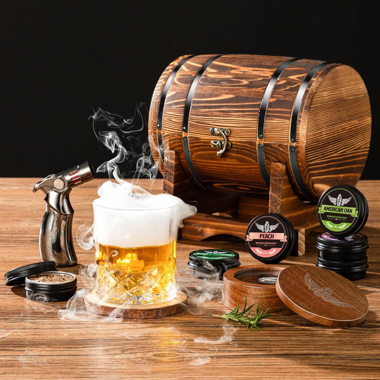Whiskey Smoker Kit with Charred Wood Barrel (Patent Pending) – Cocktail Smoker with Torch & 6 Premium Wood Chips for Old Fashioned & Whiskey – Perfect Home Bar Gift for Men, Dad, Husband (No Butane)