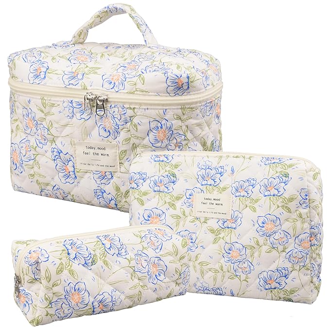 Makeup Bag,Quilted Cosmetic Bags,Large Floral Make Up Organize bag,Makeup Bag Set for Women,Flower Travel Toiletry Bag