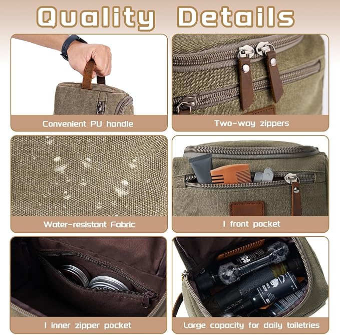 Travel Toiletry Bag for Men, Large Water-resistant Shaving Bag Toiletries Organizer, Canvas Dopp Kit, Multi-functional and Stylish, Bathroom Dopp Kit Shaving, Ideal for Travel, Camping, Gym- Green