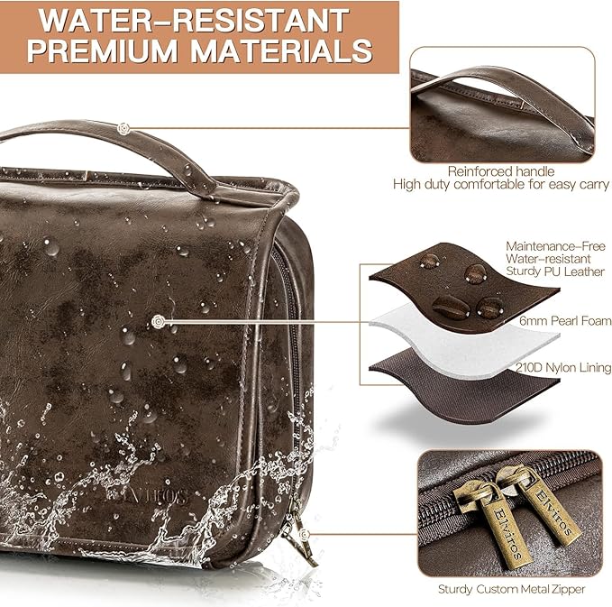 Elviros Hanging Toiletry Bag Removable Travel Bag PU leather Makeup Cosmetic Organizer Kit, Coffee