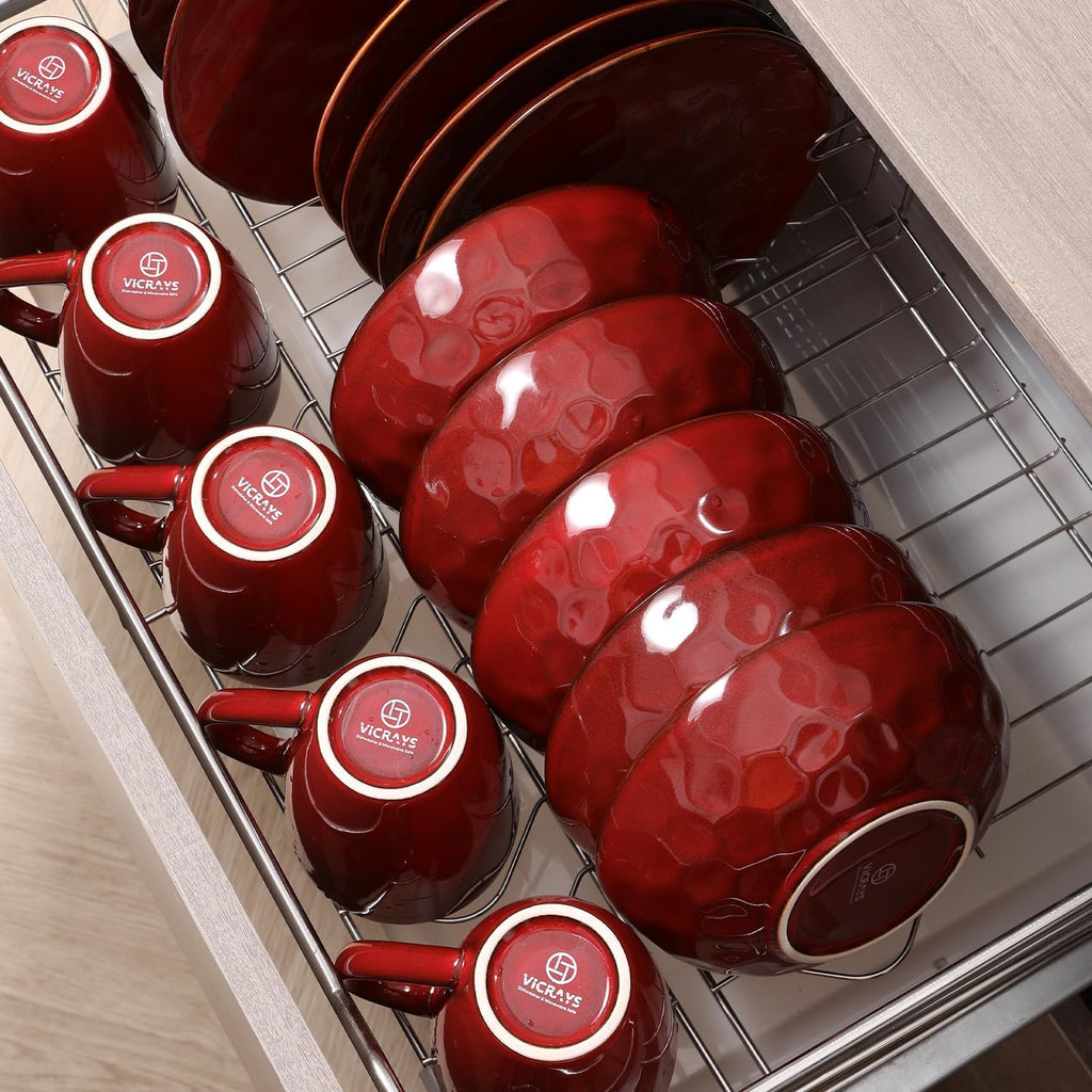 vicrays Ceramic Salad Bowls Set for Kitchen, Serving - 32 Ounce Soup Bowls, Pasta Bowls, Chip Resistant, Dishwasher Microwave Safe, Large, Fluted, Stoneware, Set of 6 (Cherry Red)