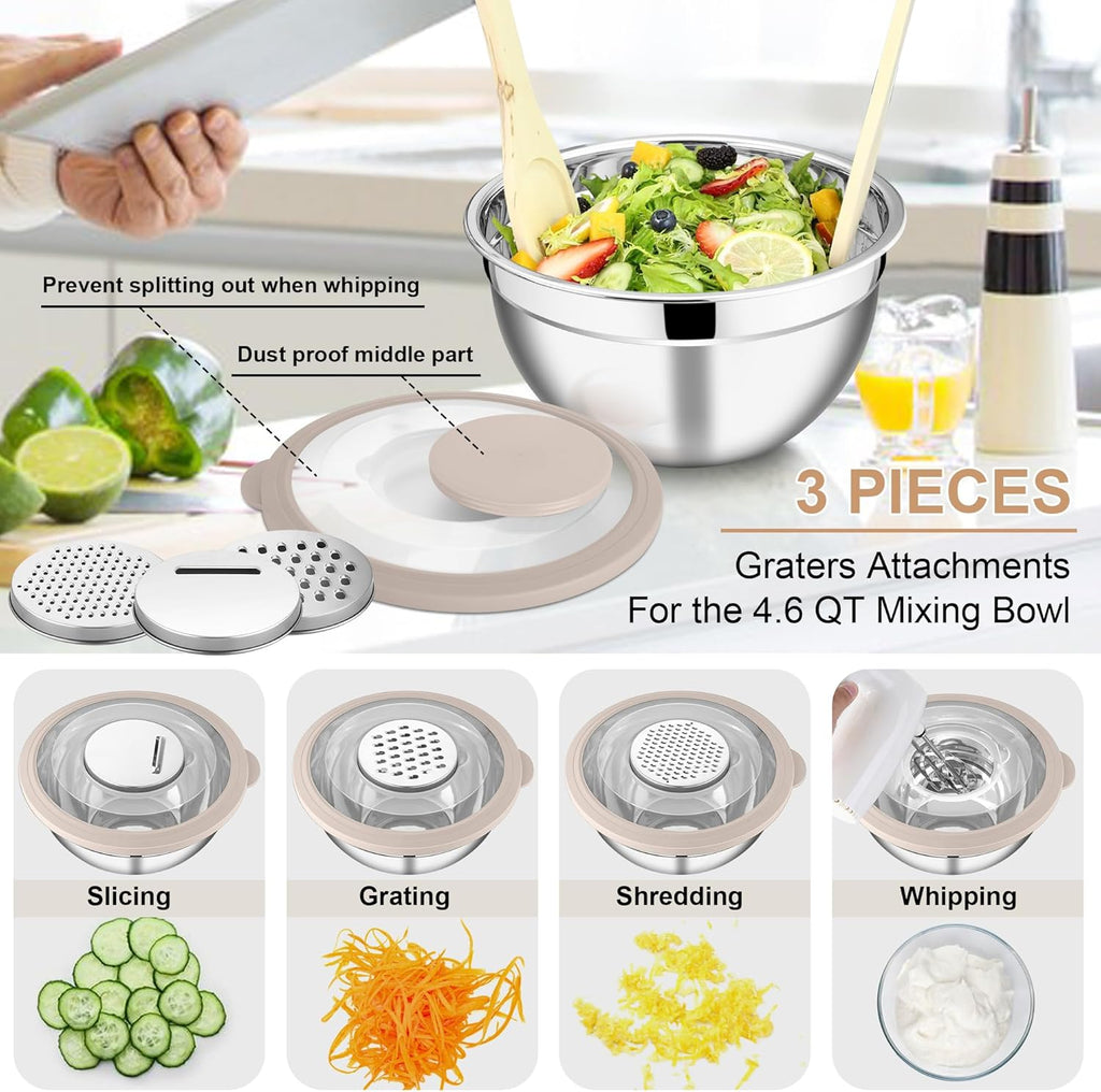 E-far Mixing Bowls with Lids and Graters, Stainless Steel Salad Mixing Bowl with Transparent Lid Set of 3, Metal Nesting Salad Storage for Kitchen Prepping/Serving/Baking, 4.6/2.6/1.5QT - Khaki