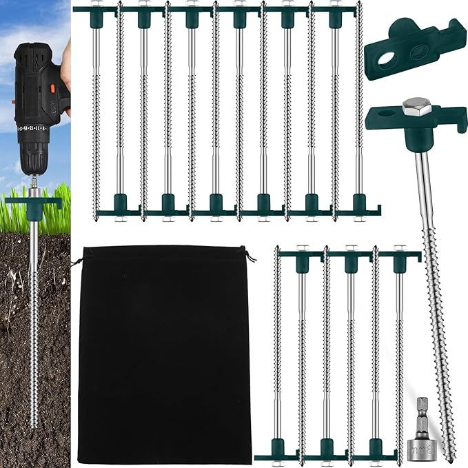 Tandefio 20 Pcs 8 Inch Screw in Tent Stakes Heavy Duty Drill in Ground Anchor Pegs Metal Stakes Screws Hex Pegs Drillable Camping Threaded Tent Spike with Hex Head Driver (Green)