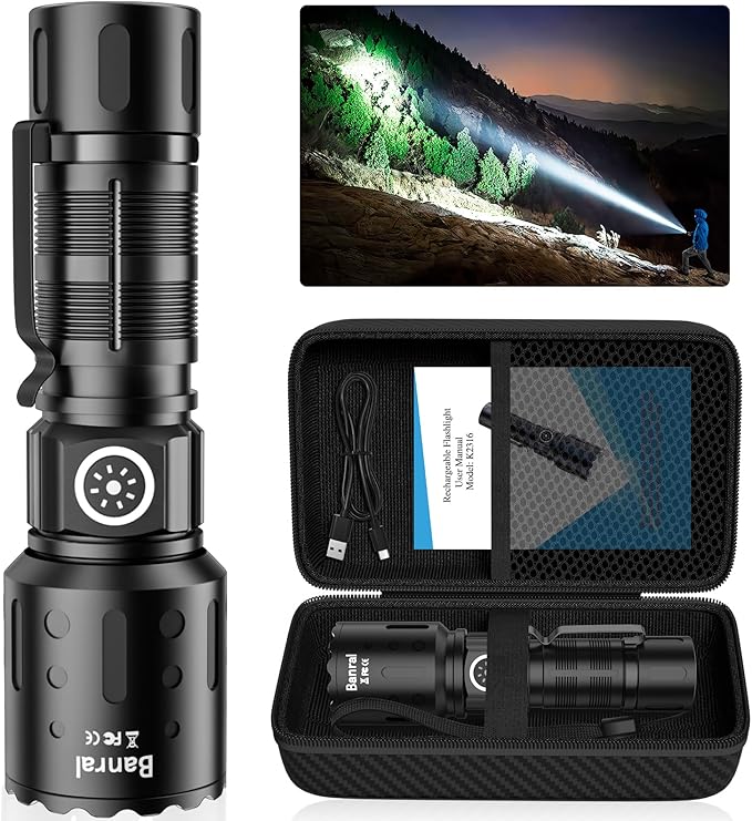 Banral Flashlights 20,000 High Lumens Rechargeable, 1500M Long Throw Super Bright LED Small Powerful Flashlight with Memory Function, 6Modes Pocket Waterproof Flash Light for Camping,Hiking (1, Black)