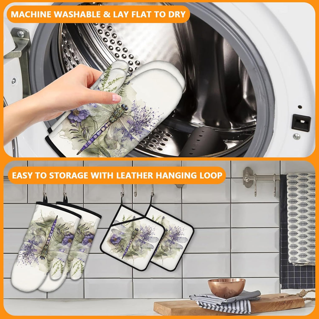 Dragonflies Oven Mitts and Pot Holders Sets 4Pcs,Extra Long Oven Gloves Potholder for Kitchen Cooking Baking BBQ 100% Cotton Heat Resistant