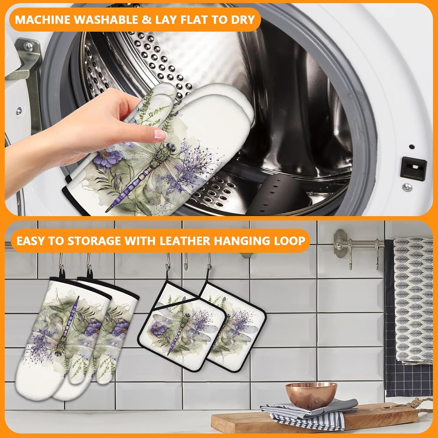 Dragonflies Oven Mitts and Pot Holders Sets 4Pcs,Extra Long Oven Gloves Potholder for Kitchen Cooking Baking BBQ 100% Cotton Heat Resistant