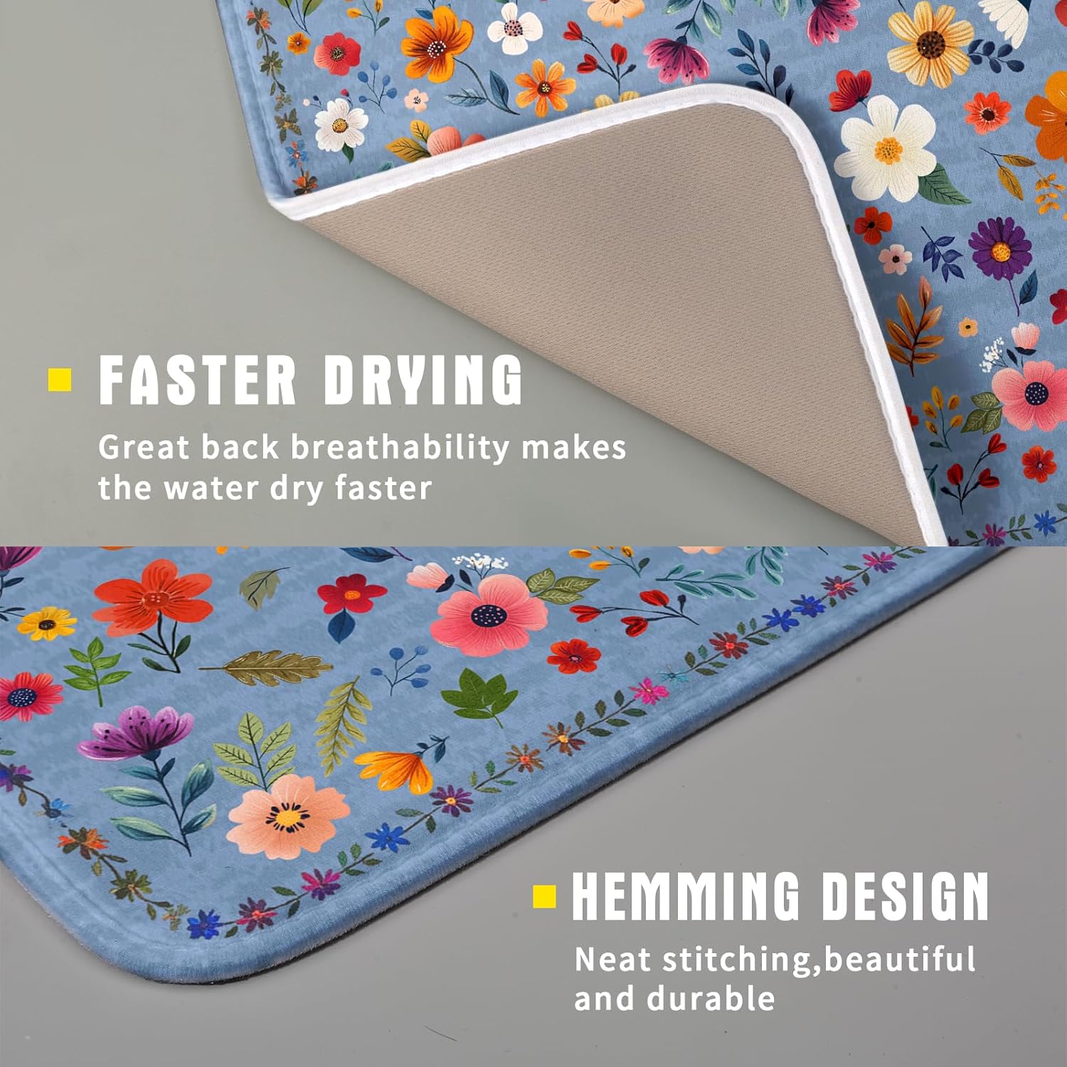 Lovely Flowers Dish Drying Mat - Blue Floral Kitchen Counter Microfiber Drying Pad 16 X 18 for Home Decor