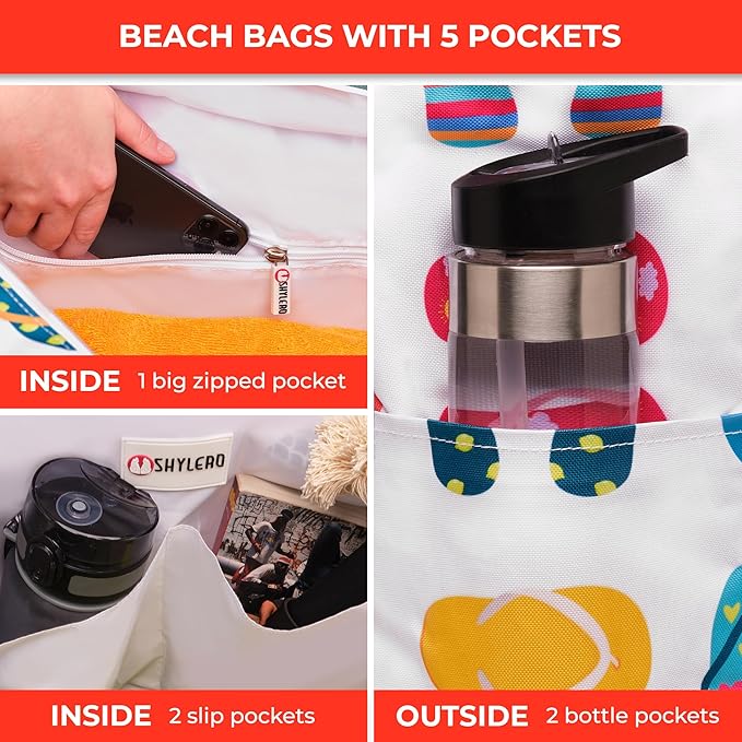 SHYLERO Beach Bag and Pool Bag. Has Airtight Pouch, Ton of Pockets. Beach Tote is Zippered, Water Resistant. Family Size