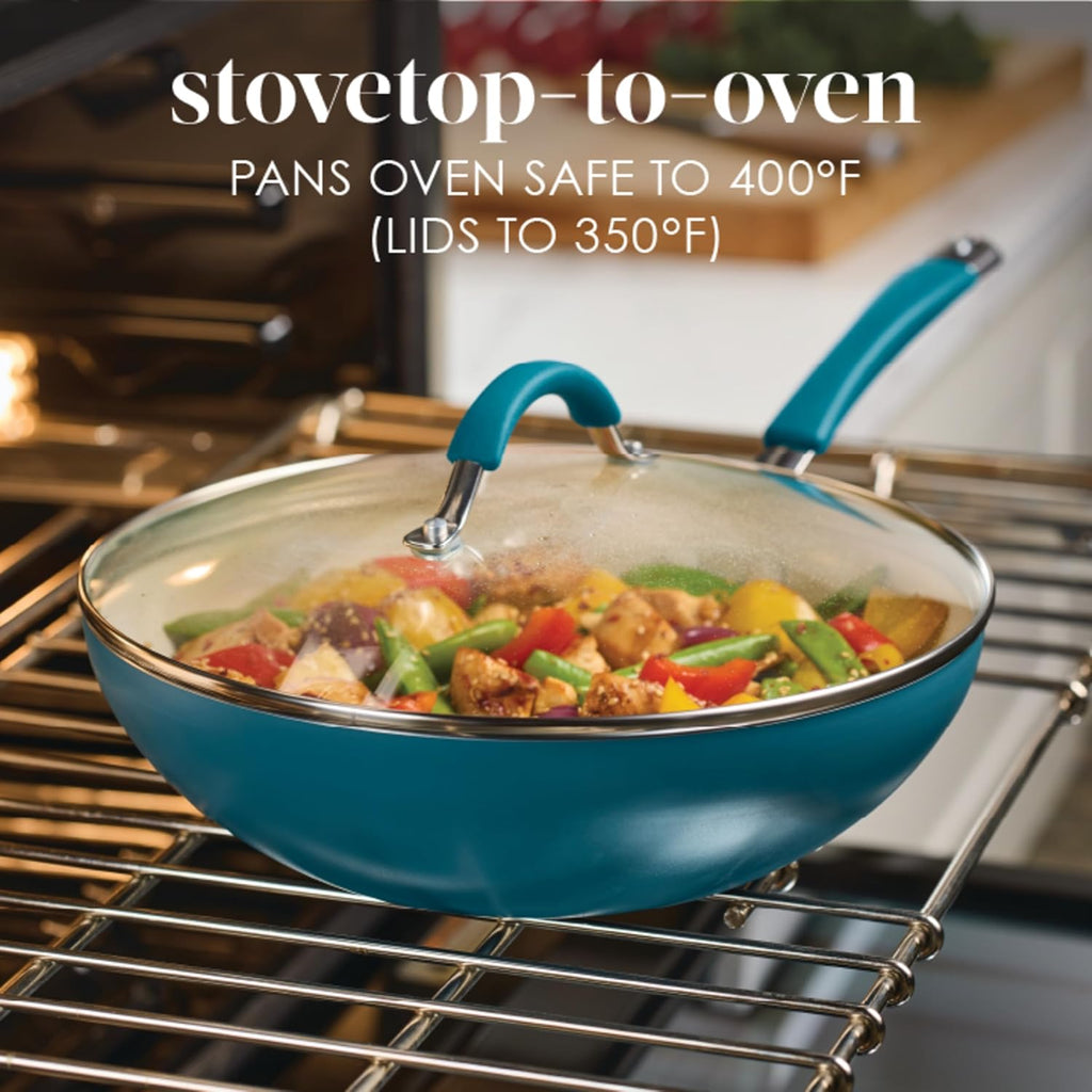 Rachael Ray Cucina Ceramic Nonstick Stir Fry Pan and Lid, 11 Inch Non Stick Wok Pan, Dishwasher Safe - Marine Blue