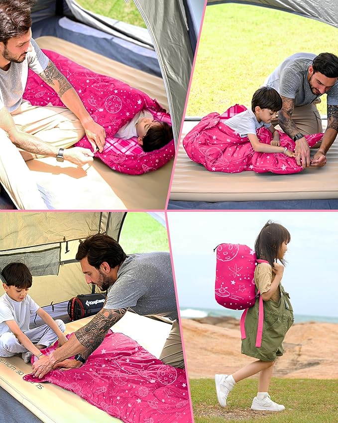 KingCamp 45°F Kids Sleeping Bag, Lightweight Waterproof & Compact Flannel Sleeping Bags Cold Weather & Warm Youth Essentials Gear Accessories for Camping, Fits 10-12 Children up to 5'5" Tall