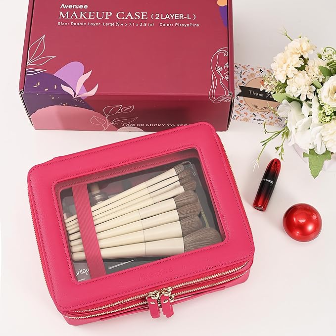 Aveniee Clear Makeup Bags, Double Layer Cosmetic Bags with a Separate Brush Compartment, Large Travel Toiletry Bag Train Case for Women, Travel Accessories Organizer(2 Layers Large, Hotpink)