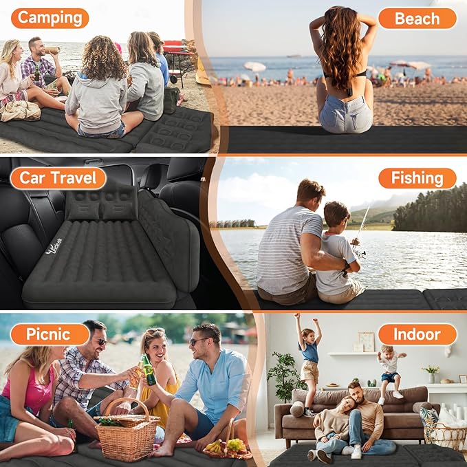 Car Air Mattress Bed: Inflatable Back Seat Air Mattress for SUV, Thick Camping Sleeping Pads with Pillows Air Pumps, Sedan, Truck, SUV, Black
