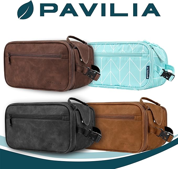 PAVILIA Toiletry Bag for Men Women, Mens Travel Bag Toiletries Organizer Case for Grooming, Travel Essentials Shaving Dopp Kit, PU Leather Water Resistant Cosmetic Pouch, Brown
