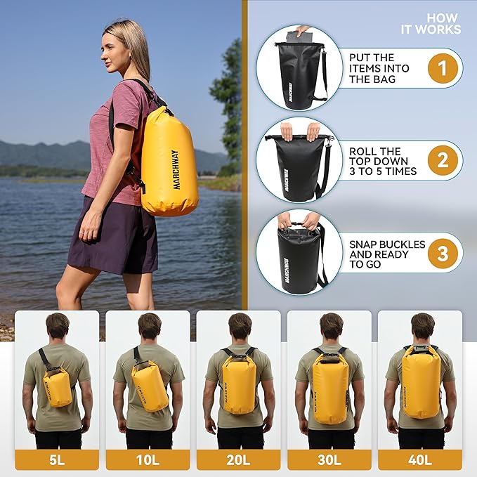 MARCHWAY Floating Waterproof Dry Bag Backpack 5L/10L/20L/30L/40L, Roll Top Sack Keeps Gear Dry for Kayaking, Rafting, Boating, Swimming, Camping, Hiking, Beach, Fishing