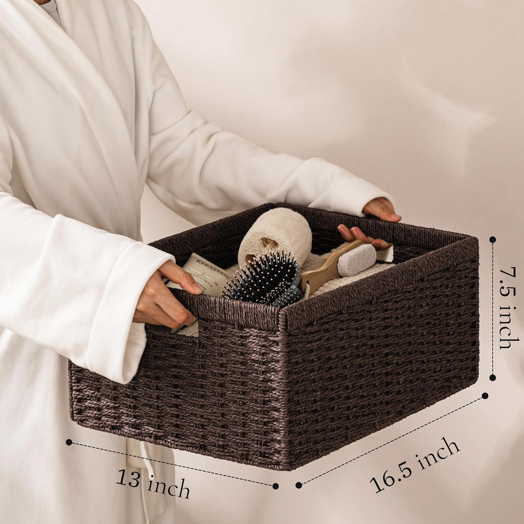 UBBCARE 2 Pack Wicker Basket, 16.5L×13H×7.5W inch Woven Paper Rope Storage Baskets for shelves, Foldable Rectangular Storage Baskets with Handle, Storage Basket for Organizing, Dark Brown