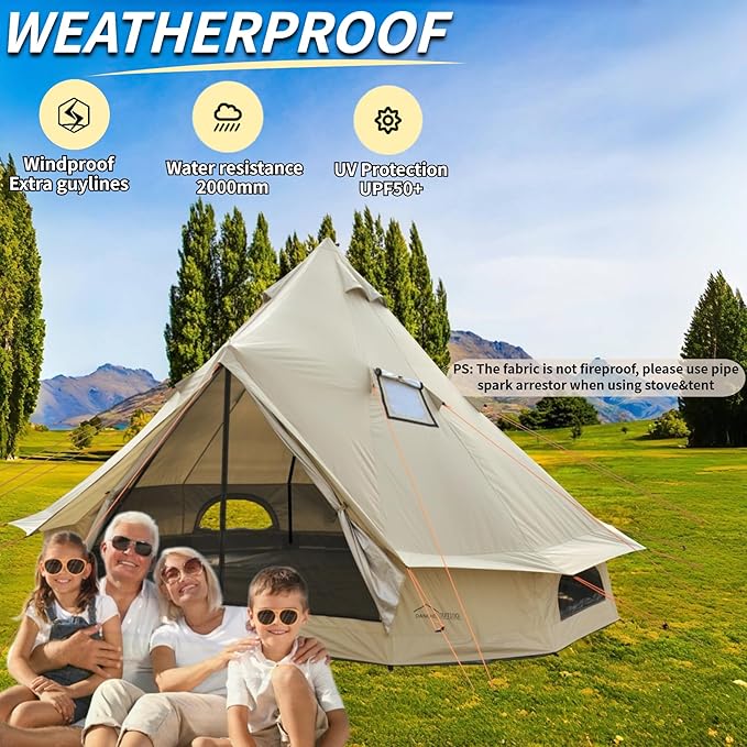 DANCHEL OUTDOOR B2A Waterproof Roomy Interior Yurt Tent, No Center Pole Bell Tent 4/8 Person Family Camping Glamping, 4 Season Hot Tents with Stove Jack 300D Oxford Nylon, 13ft/16.4ft Khaki