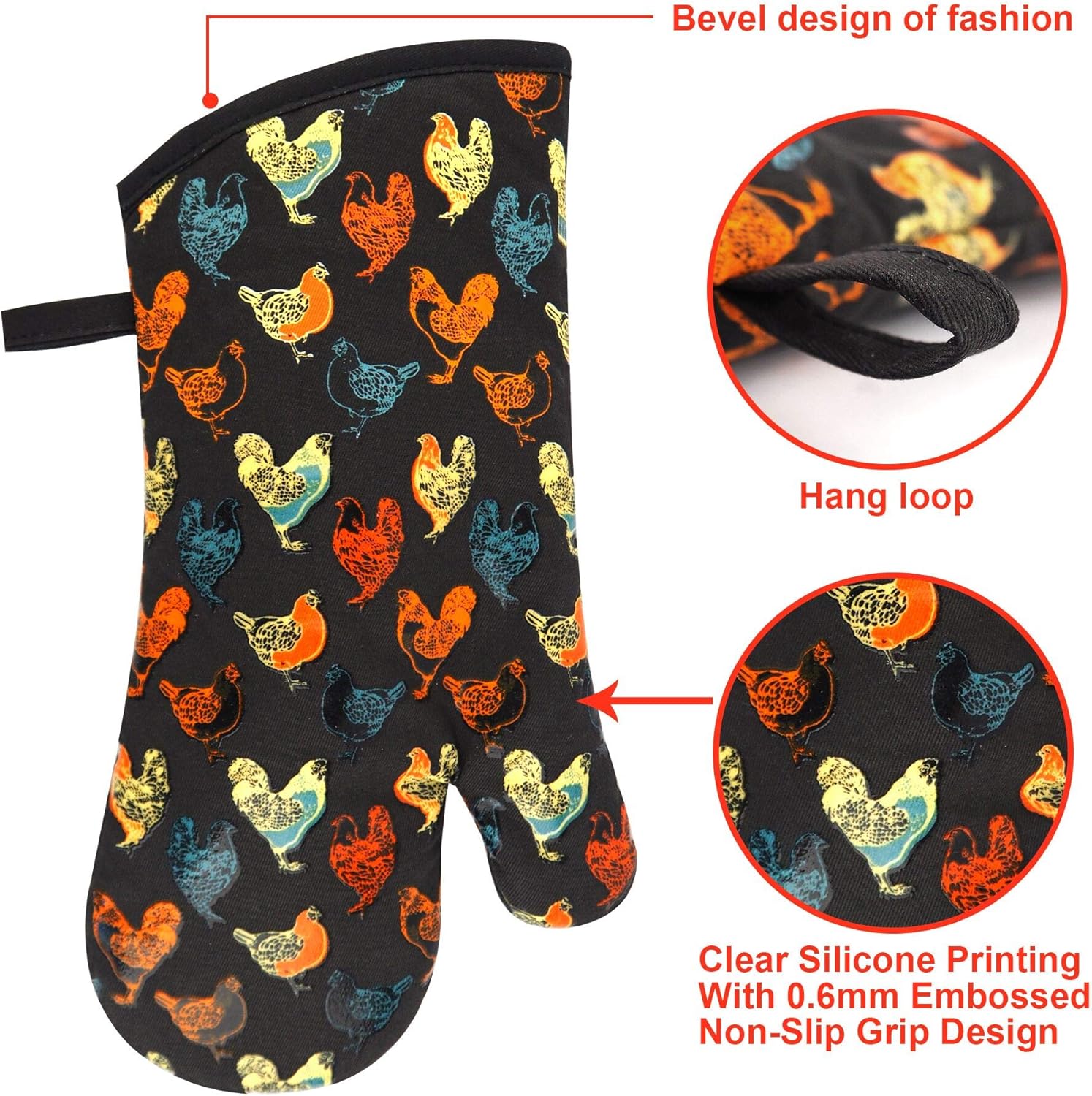 Oven Mitts Gloves 1 Pair Heat Resistant 480 ℉ Non Slip Clear Silicone Printed Rooster Comfortable Cotton Lining Kitchen Men Cooking Barbecue Machine Washable (Rooster, Black Mittens)