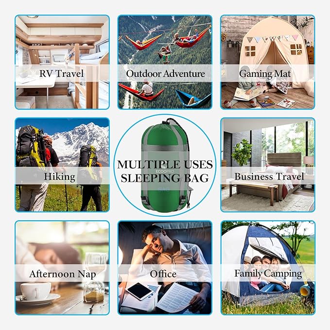 ECOOPRO Warm Weather Sleeping Bag - Portable, Waterproof, Compact Lightweight, Comfort with Compression Sack - Great for Outdoor Camping, Backpacking & Hiking-83 L x 30" W Fits Adults