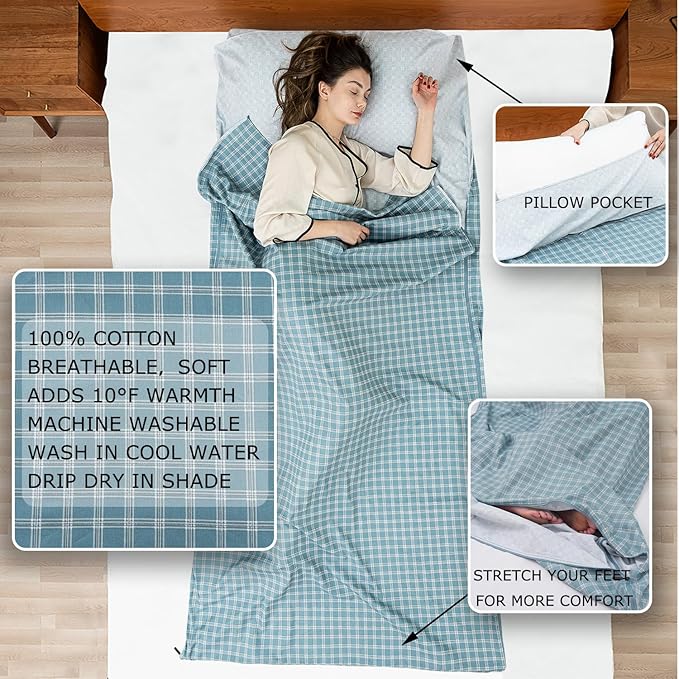 100% Cotton Sleeping Bag Liner with Full Length Zipper on 3 Sides; Single/Double Adult Sleep Sack for Travel & Camping, Multifunctional Travel Sheets (Unzipped 87”x87”) for Hotel, Lightweight