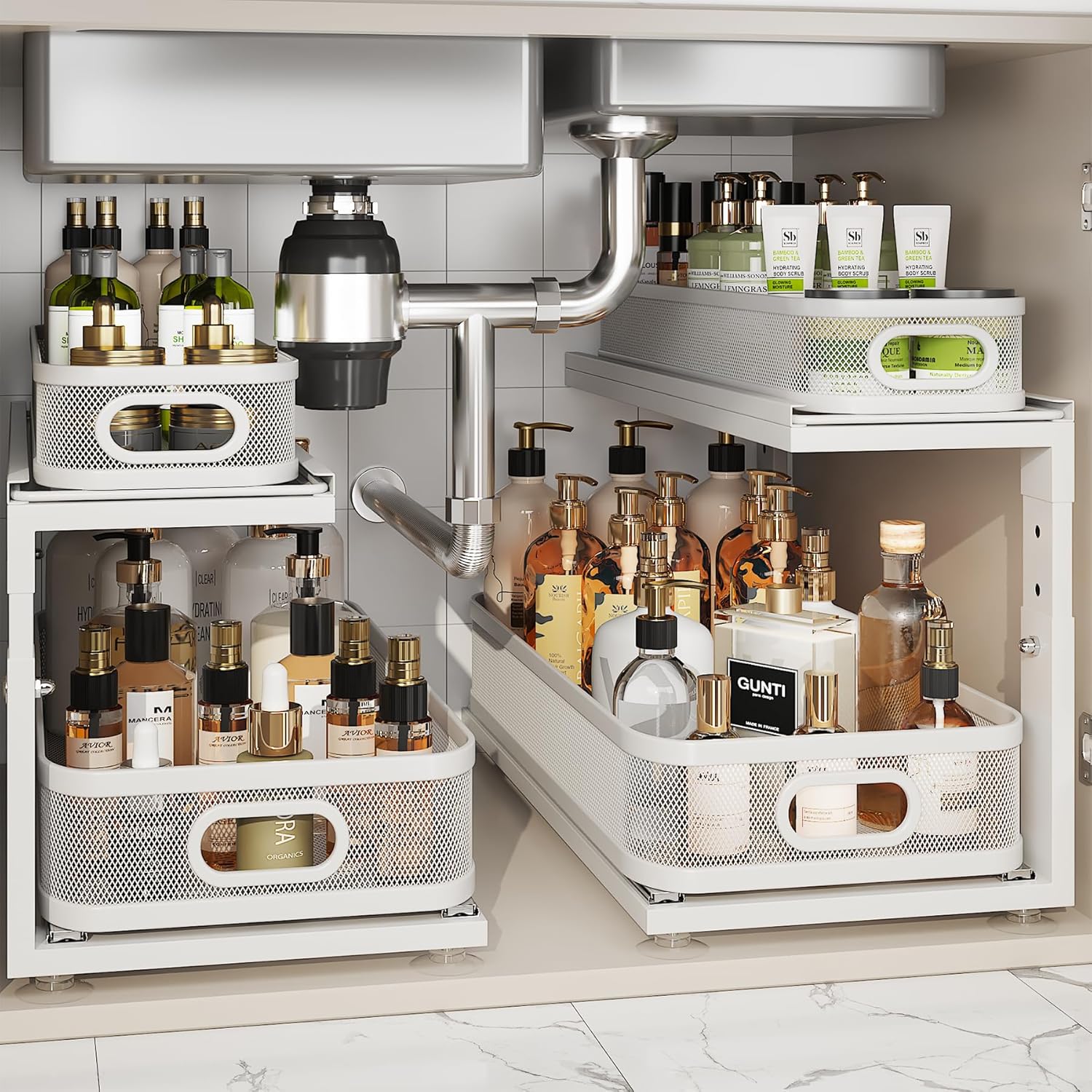 2 Pack 21IN-Depth Under Sink Organizer With Next-Gen Ball-Bearing Slides,2-Tier Precision Mesh Pull Out Cabinet Storage for Bathroom&Kitchen,Height Adjustable Drawers Shelf,Anti-rust-White