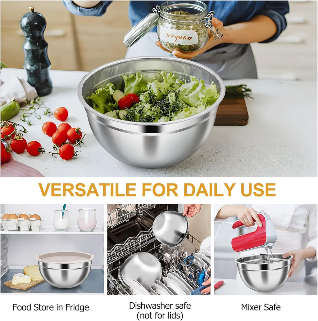 TeamFar Mixing Bowls, Stainless Steel Nesting Salad Bowls with Airtight Lids Set, For Serving/Mixing/Storing, Rust-proof & Heavy Duty, Dishwasher Safe, Set of 3-4.6/3 / 1.5 QT, Khaki