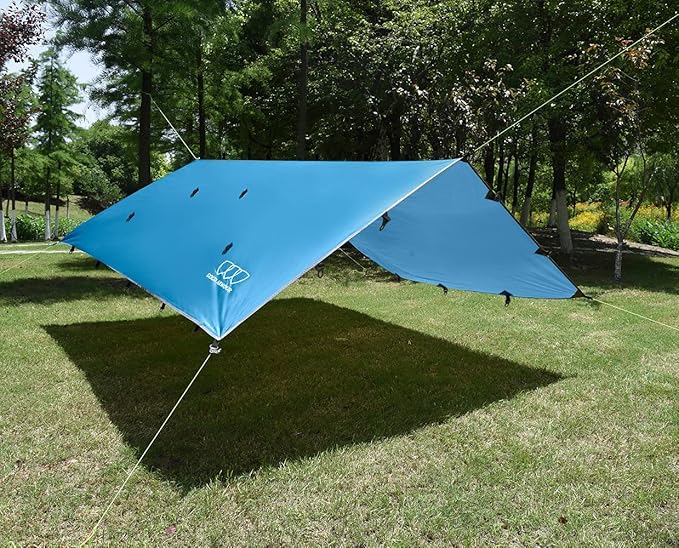 Gold Armour Rainfly Tarp Hammock, Premium 14.7ft/12ft/10ft/8ft Rain Fly Cover, Waterproof Ultralight Camping Shelter Canopy, Survival Equipment Gear Tent Accessories (Light Blue 12ft x 10ft)