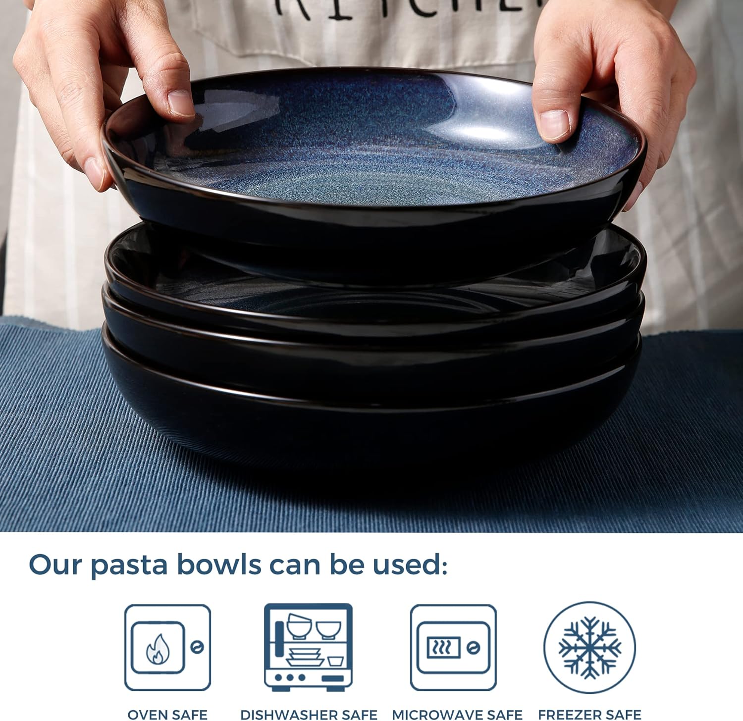 LERATIO Pasta Bowls,Ceramic 38oz Pasta Bowls,9.0" Reactive Glaze Pasta Bowl Set of 4,Microwave & Dishwasher,Oven Safe,Large Wide Serving Bowls for Salad, Dessert,Pizza,Fruit -Blue