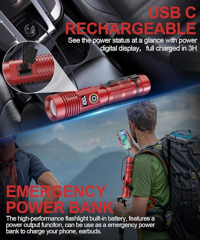 Rechargeable Flashlight High Lumens-12000LM Super Bright Magnetic Flash Light with Power Digital Display,3280Ft Long Range,Dimmable,Waterproof,Pocket LED Flashlights for Emergency Camping 2PC Red