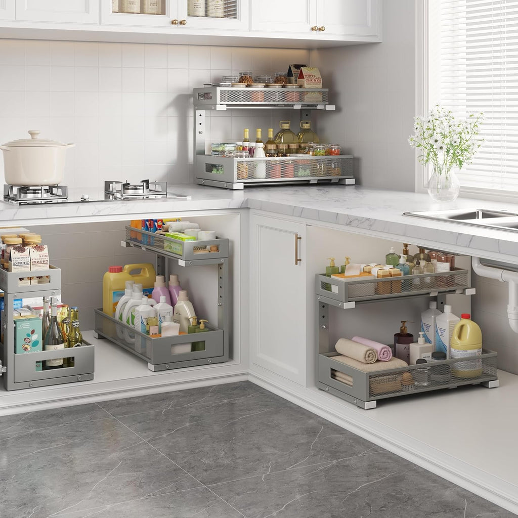 2 Pack 17IN Depth Under Sink Storage Organizer, Large 2-Tier Elegant Mesh Pull Out Shelf for Kitchen and Bathroom Cabinet Organization, L-Shaped and Adjustable Height Design-Gun Gray