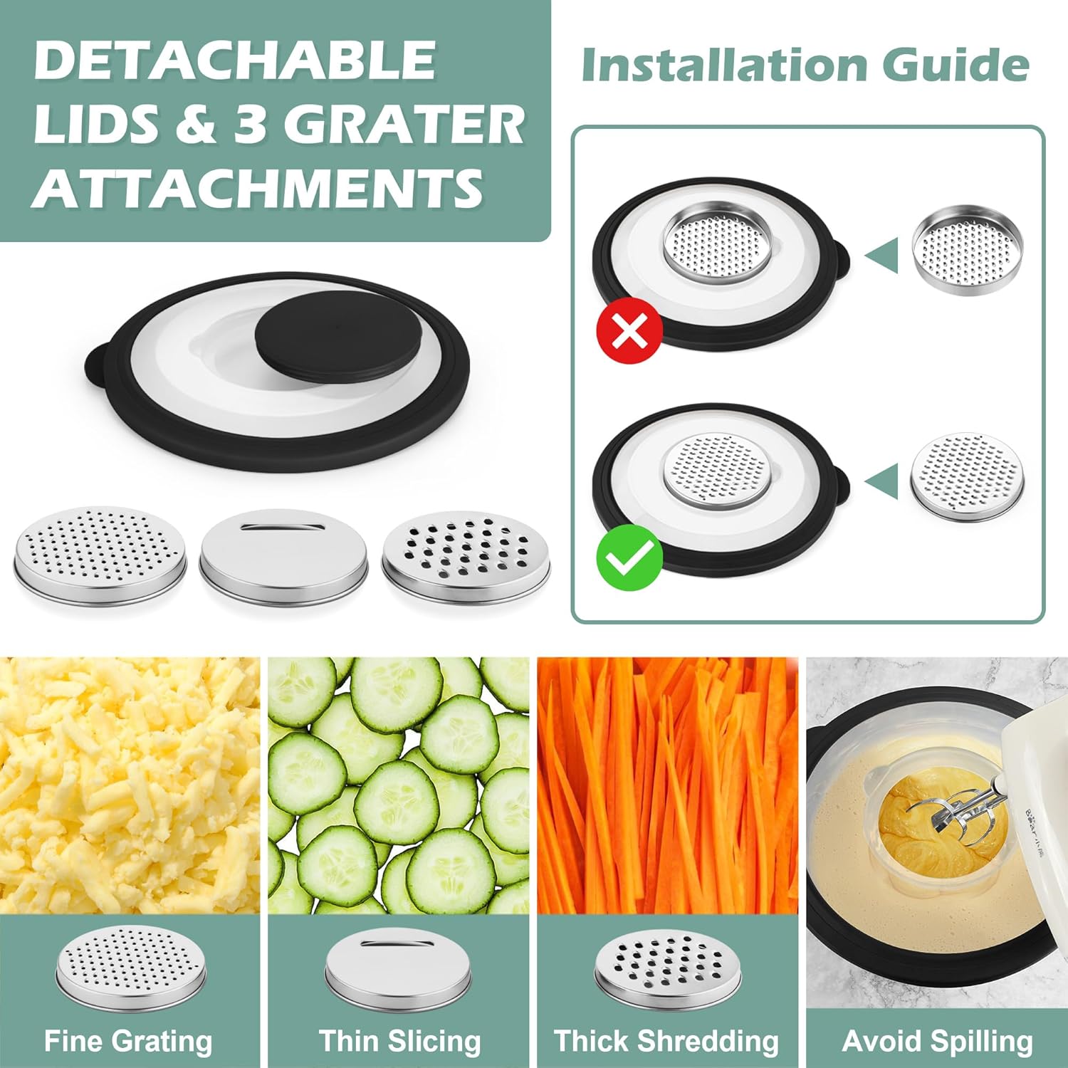 TeamFar Mixing Bowls, 3PCS Stainless Steel Serving Salad Bowls with Lids & 3 Graters, For Kitchen Mixing/Baking/Storing/Prepping, Visible & Airtight, Easy Clean - 4.5/3 / 1.5 QT, Black