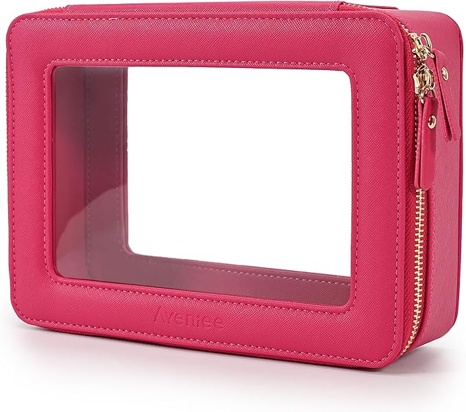 Aveniee Large Clear Makeup Bag Cosmetic bags, Travel Toiletry Bag for Women, Clear Make up Bag Case, Chic Makeup Pouch with Transparent Vinyl Windows & Gold Zippers(Hotpink)