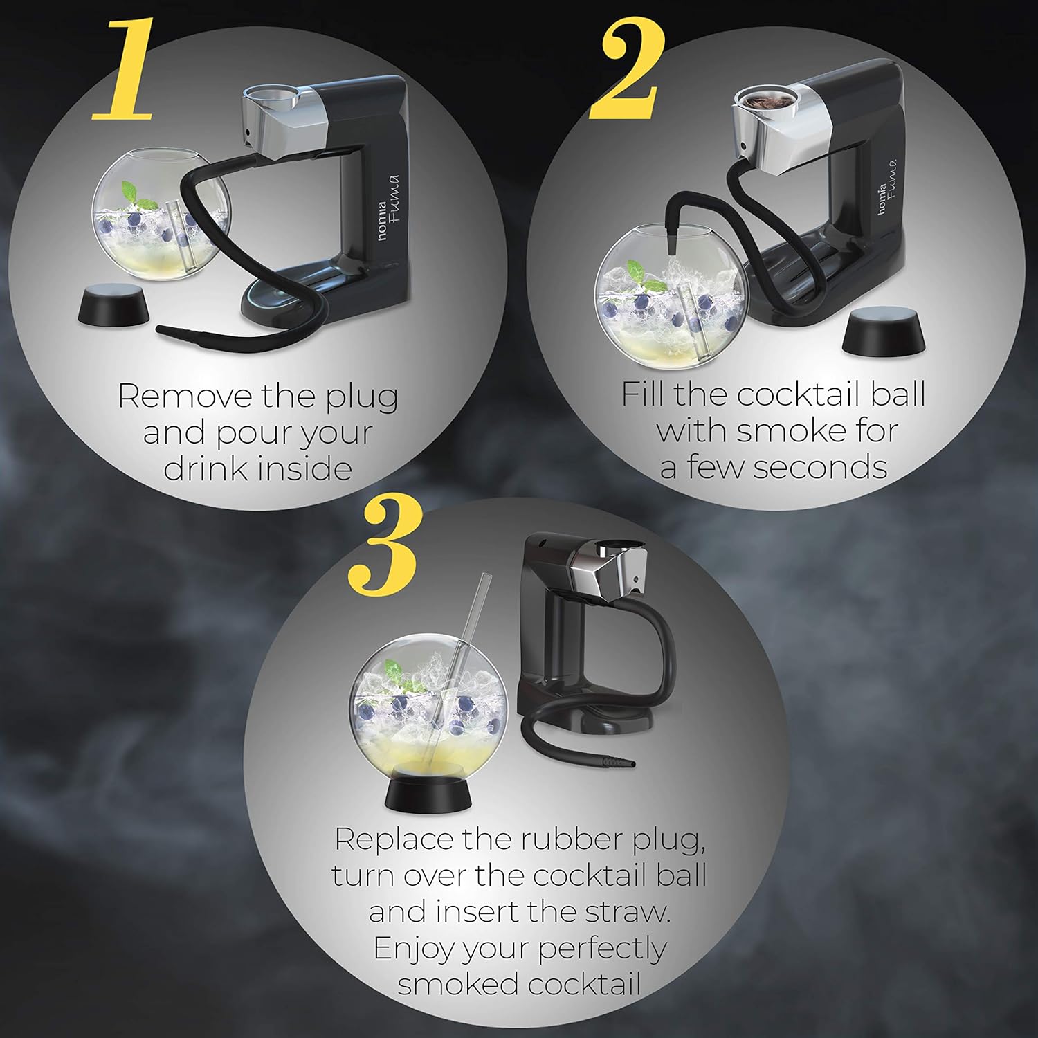 Cocktail Smoker Accessory - Smoke Infuser Cocktail Ball - 2 pcs, Cocktail Ball Glass with Glass Straw for Drink Smoker, 12 Oz (350 ml), Black