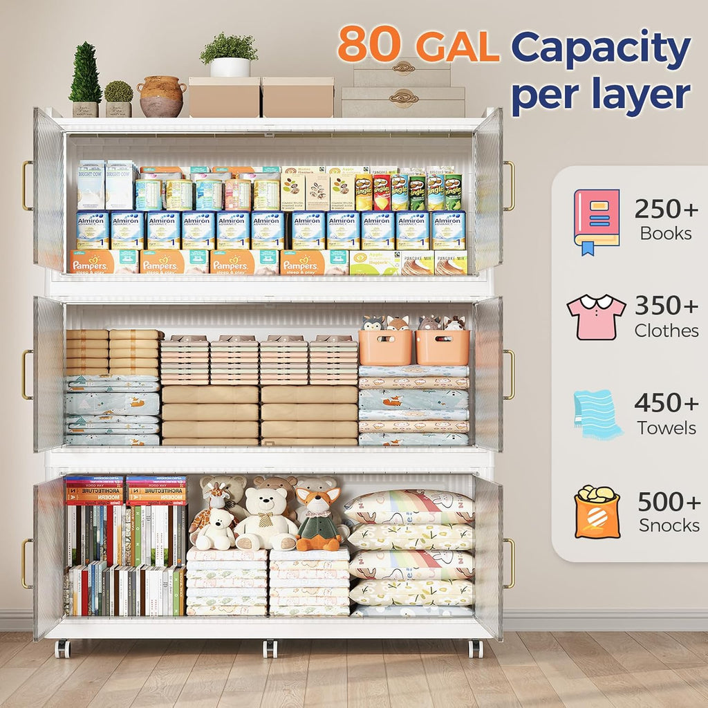 320 Gallon Extra Large Collapsible Storage Bin with Lid, 1280QT Stackable Plastic Organizer with 6x Wheels, Foldable Drawer Cabinet for Closet, Living Room Office Dorm 4Pack, White