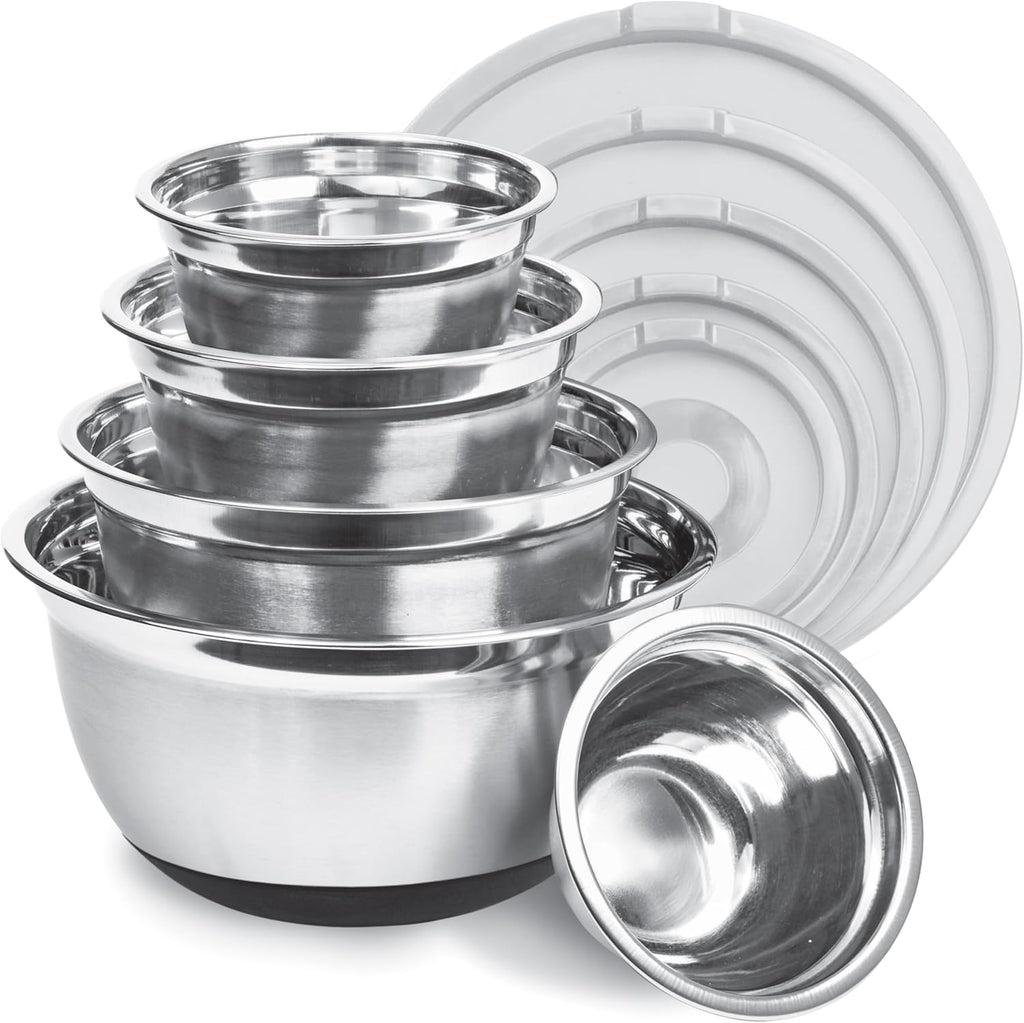 Avador Premium Stainless Steel Mixing Bowls with Lids Non-Slip, Set of 5 Mixing Bowl Set with Silicone Base, Space Saving, Great for Cooking, Baking, Prepping (0.25qt, 1qt, 1.5qt, 3qt, 5qt)