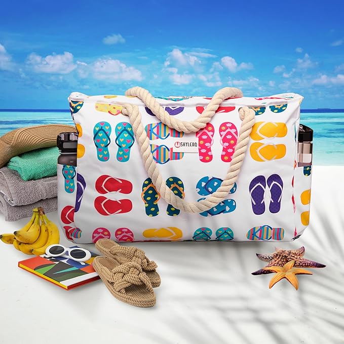 SHYLERO Beach Bag and Pool Bag. Has Airtight Pouch, Ton of Pockets. Beach Tote is Zippered, Water Resistant. Family Size