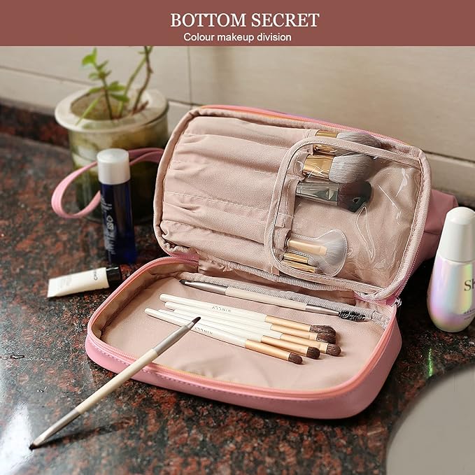 Abiudeng Large Capacity Makeup Bag Ladies Cosmetic Bag Travel Bag with Compartments Portable PU Leather Travel Makeup Bag with Handle