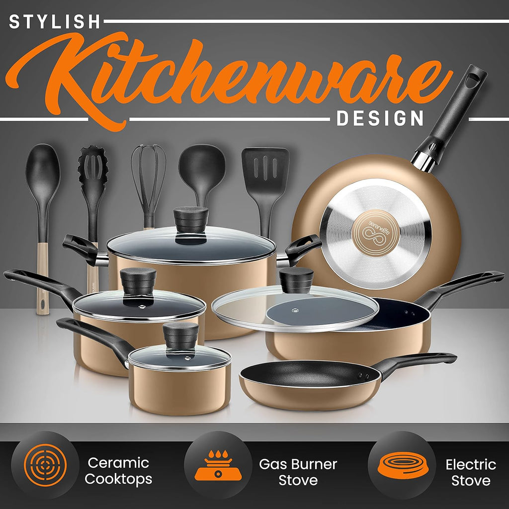 15-Piece Nonstick Kitchen Cookware Set - PTFE/PFOA/PFOS Free Heat Resistant Lacquer Kitchen Ware Pots Pan Set w/Bakelite Handles, Saucepan, Frying Pans, See-through Lid - SereneLife SLCW15GLD (Gold)