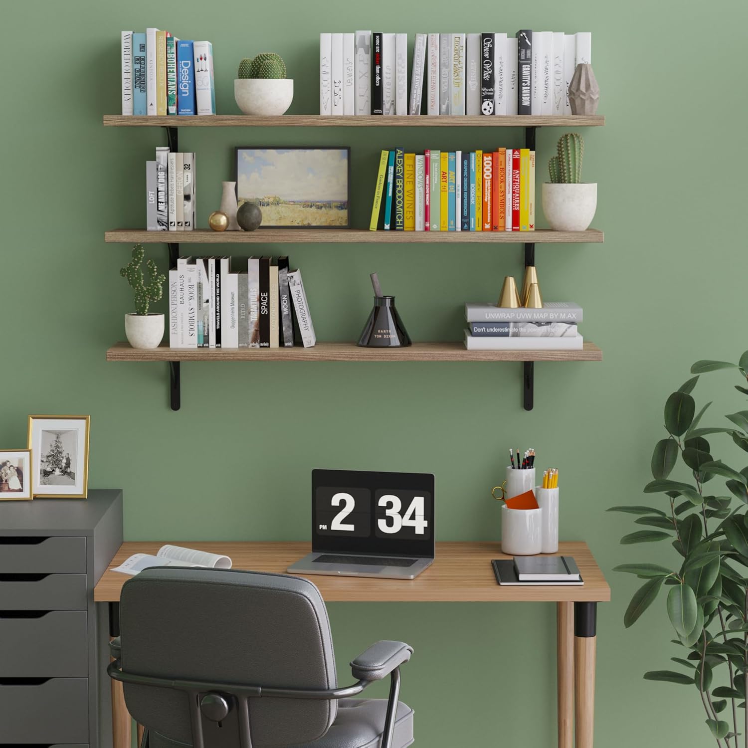 Wallniture Forme 48 inch Long x 10 in Deep Rustic Floating Shelves for Wall Storage, Wall Bookshelf for Living Room Decor, Kitchen, Office Floating Shelf, Set of 3, Burnt, Wood