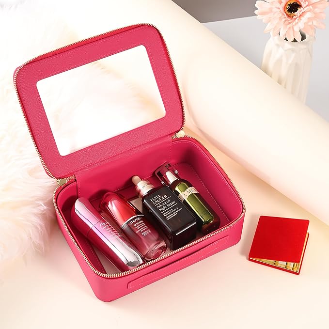 Aveniee Large Clear Makeup Bag Cosmetic bags, Travel Toiletry Bag for Women, Clear Make up Bag Case, Chic Makeup Pouch with Transparent Vinyl Windows & Gold Zippers(Hotpink)