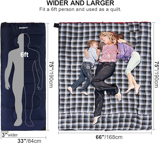 REDCAMP Cotton Flannel Sleeping Bag for Camping Backpacking, Adults Cold Weather Envelope Sleeping Bags with 2/3/4lbs Filling