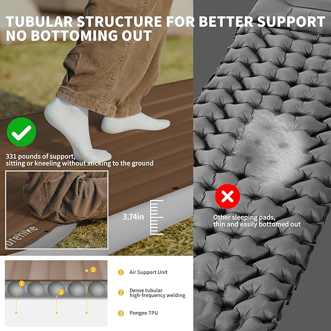 Naturehike Single Camping Mattress, Splicable Sleeping Pad with Air Pump Sack, 3.74" Thick Sleeping Mats with Strong Support for Travel, Car, Tent, Home