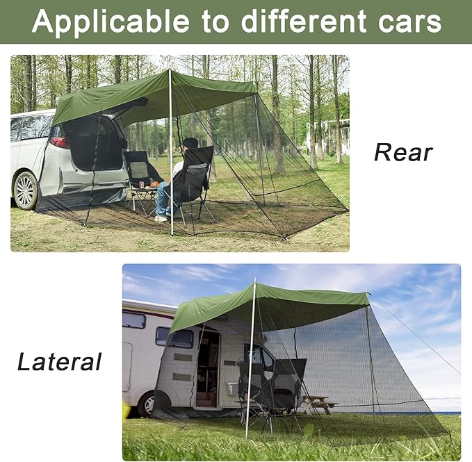 G4Free Car Awning Sun Shelter with Mosquito Net, Portable SUV Tent Tailgate Shade Canopy for Outdoor Camping Travel (Army Green)
