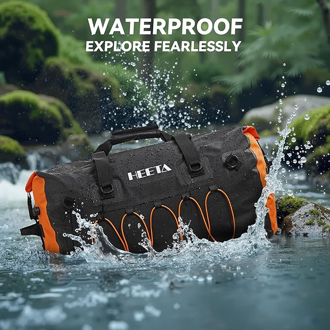 HEETA Waterproof Duffel Bag Motorcycle Dry Bag Backpack, Extra Large Rolltop Travel Duffle Bags with Straps & Handles for Kayaking Rafting Boating Canoeing Camping Gym Beach (Black, 80L)
