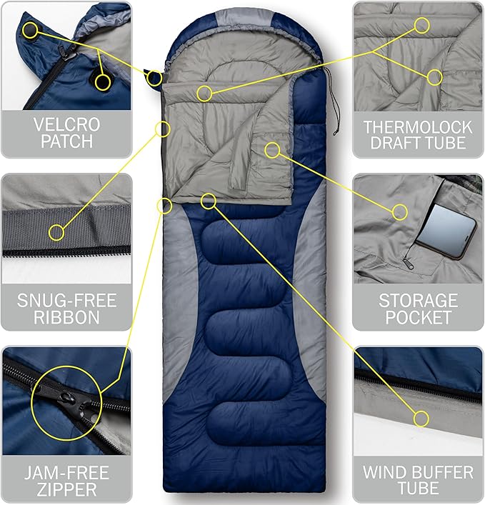 0 Degree Winter Sleeping Bags for Adults Camping (450GSM) - Temp Range (5F–32F) Portable Waterproof Compression Sack- Camping Sleeping Bags for Big and Tall in Env Hoodie: Backpacking Hiking 4 Season