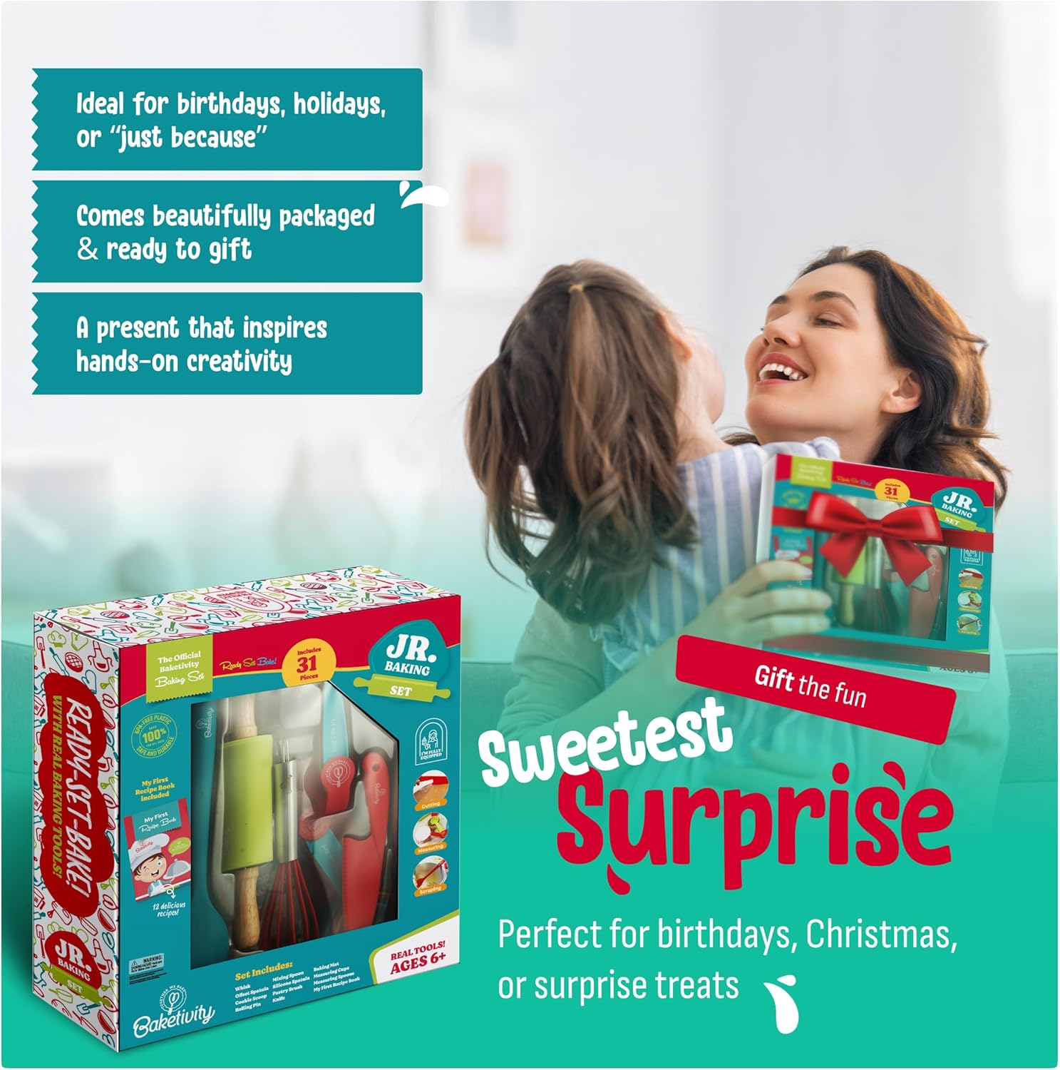 Baketivity 31-Piece Kids Baking Tools Set – Real Cooking Utensils for Children – Safe, Durable, and Fun Kitchen Accessories – Gift for Young Chefs